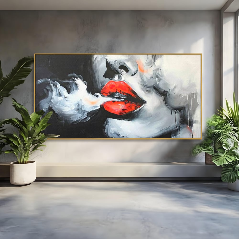 Tablou canvas cu tablou canvas cu buze rosii si fum, in rama de aluminiu auriu